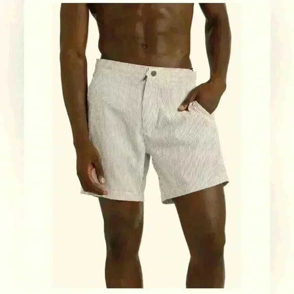 Onia Mens Swim Trunks Board Shorts Size 34 Calder 7.5” Light Grey White Stripe - Picture 1 of 11